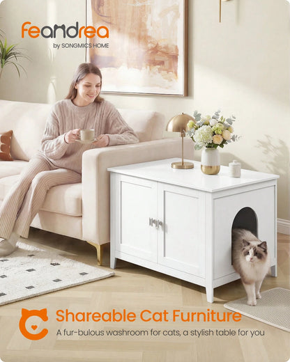 Feandrea Cat Litter Box Enclosure, Modern Hidden Cat Litter Box Furniture, Double Doors, Handles, Indoor Pet House Washroom, Living Room Side End Table