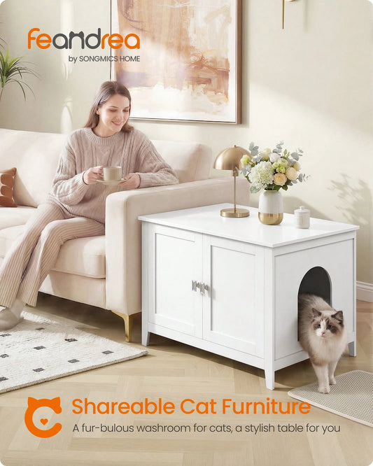 Feandrea Cat Litter Box Enclosure, Modern Hidden Cat Litter Box Furniture, Double Doors, Handles, Indoor Pet House Washroom, Living Room Side End Table