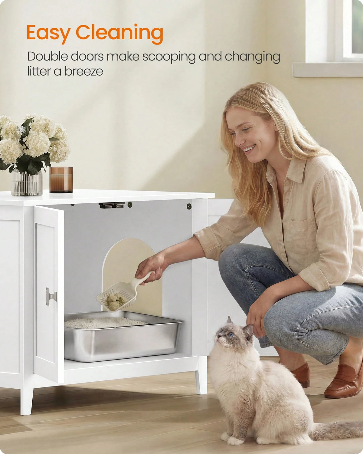 Feandrea Cat Litter Box Enclosure, Modern Hidden Cat Litter Box Furniture, Double Doors, Handles, Indoor Pet House Washroom, Living Room Side End Table
