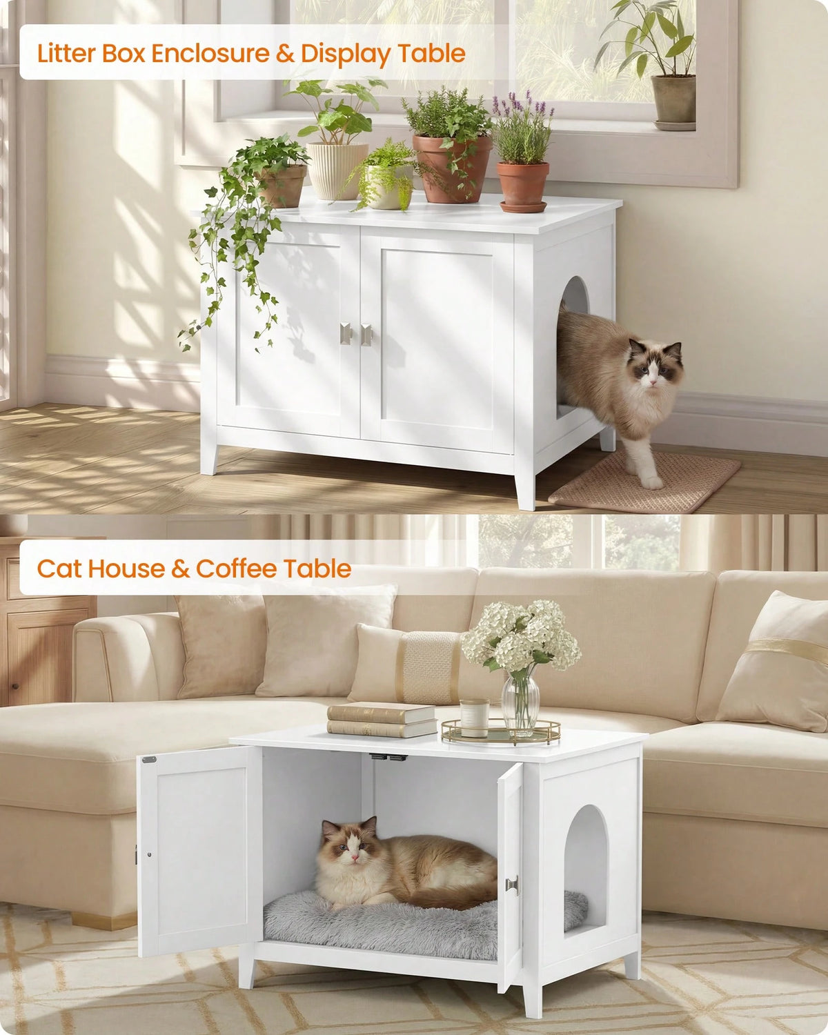 Feandrea Cat Litter Box Enclosure, Modern Hidden Cat Litter Box Furniture, Double Doors, Handles, Indoor Pet House Washroom, Living Room Side End Table