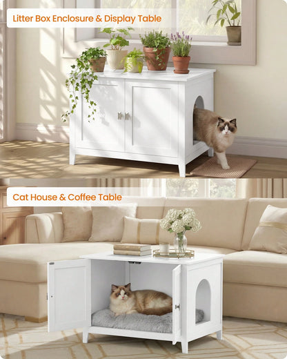 Feandrea Cat Litter Box Enclosure, Modern Hidden Cat Litter Box Furniture, Double Doors, Handles, Indoor Pet House Washroom, Living Room Side End Table