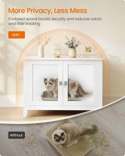 Feandrea Cat Litter Box Enclosure, Modern Hidden Cat Litter Box Furniture, Double Doors, Handles, Indoor Pet House Washroom, Living Room Side End Table