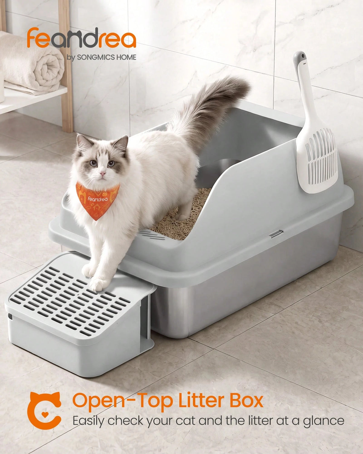 Feandrea Stainless Steel Cat Litter Box With Open Top, High Sided Litter Tray With Step, Scoop, Brush, For Cats Up To 33 Lb