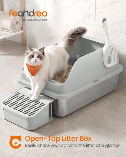 Feandrea Stainless Steel Cat Litter Box With Open Top, High Sided Litter Tray With Step, Scoop, Brush, For Cats Up To 33 Lb
