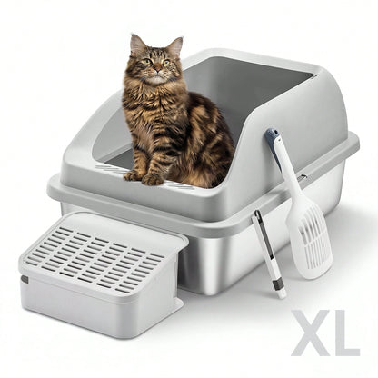 Feandrea Stainless Steel Cat Litter Box With Open Top, High Sided Litter Tray With Step, Scoop, Brush, For Cats Up To 33 Lb