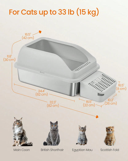 Feandrea Stainless Steel Cat Litter Box With Open Top, High Sided Litter Tray With Step, Scoop, Brush, For Cats Up To 33 Lb
