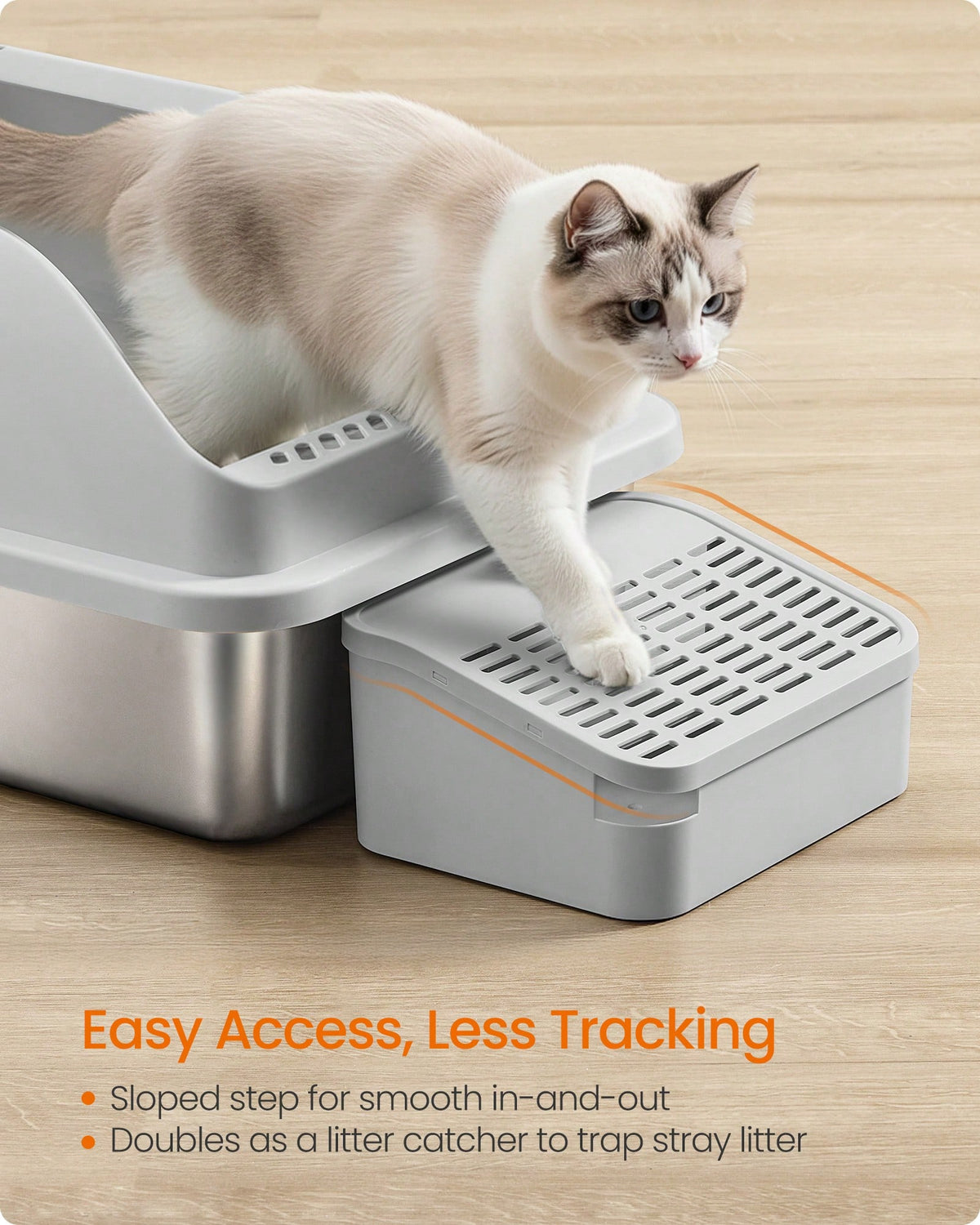 Feandrea Stainless Steel Cat Litter Box With Open Top, High Sided Litter Tray With Step, Scoop, Brush, For Cats Up To 33 Lb