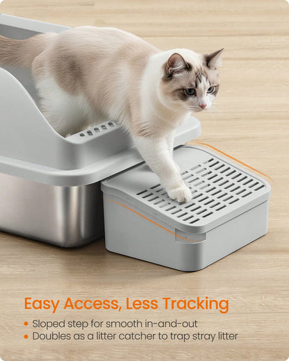 Feandrea Stainless Steel Cat Litter Box With Open Top, High Sided Litter Tray With Step, Scoop, Brush, For Cats Up To 33 Lb