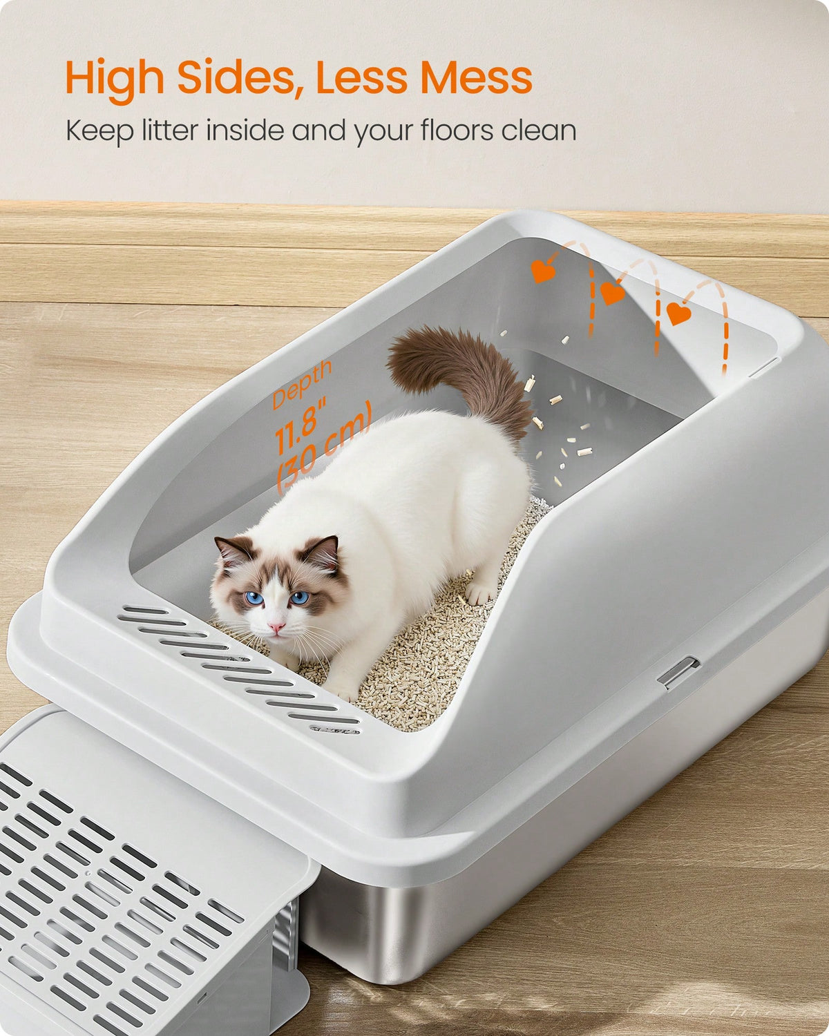 Feandrea Stainless Steel Cat Litter Box With Open Top, High Sided Litter Tray With Step, Scoop, Brush, For Cats Up To 33 Lb