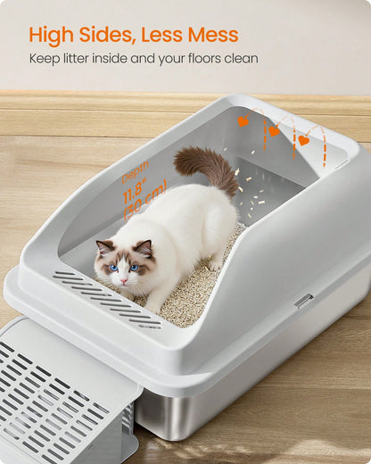 Feandrea Stainless Steel Cat Litter Box With Open Top, High Sided Litter Tray With Step, Scoop, Brush, For Cats Up To 33 Lb
