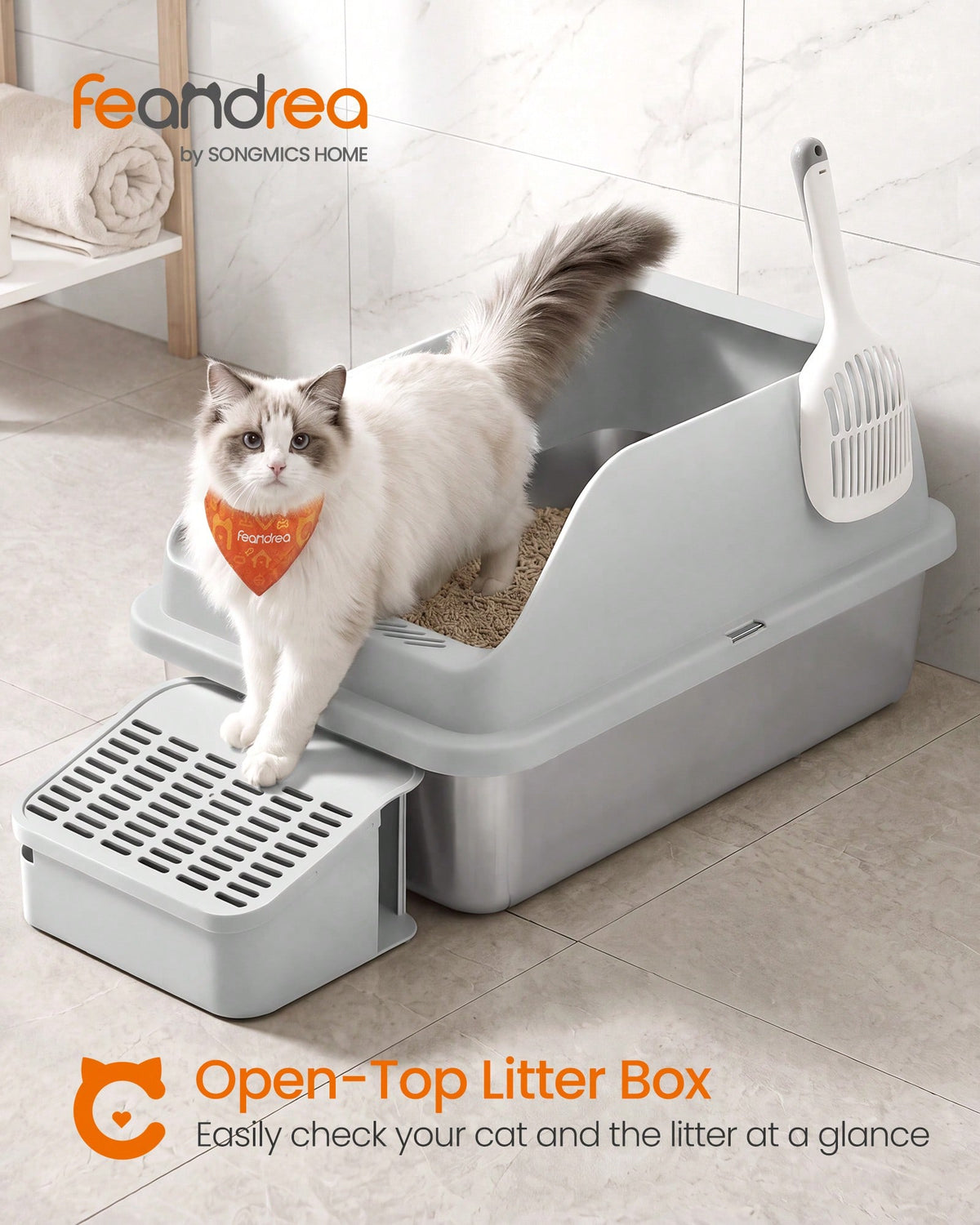 Feandrea Stainless Steel Cat Litter Box With Open Top, High Sided Litter Tray With Step, Scoop, Brush, For Cats Up To 33 Lb