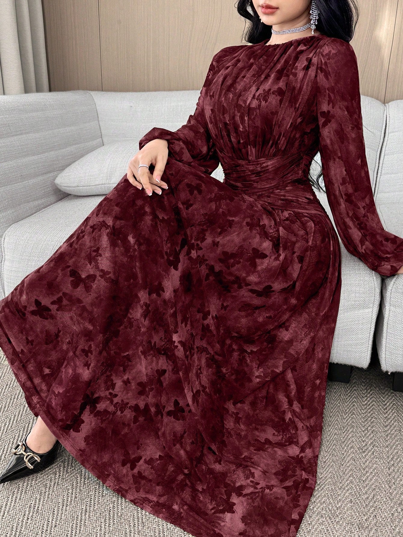 Feyla Off Shoulder Butterfly Ruched Waist Slim Fit Elegant Niche Dress