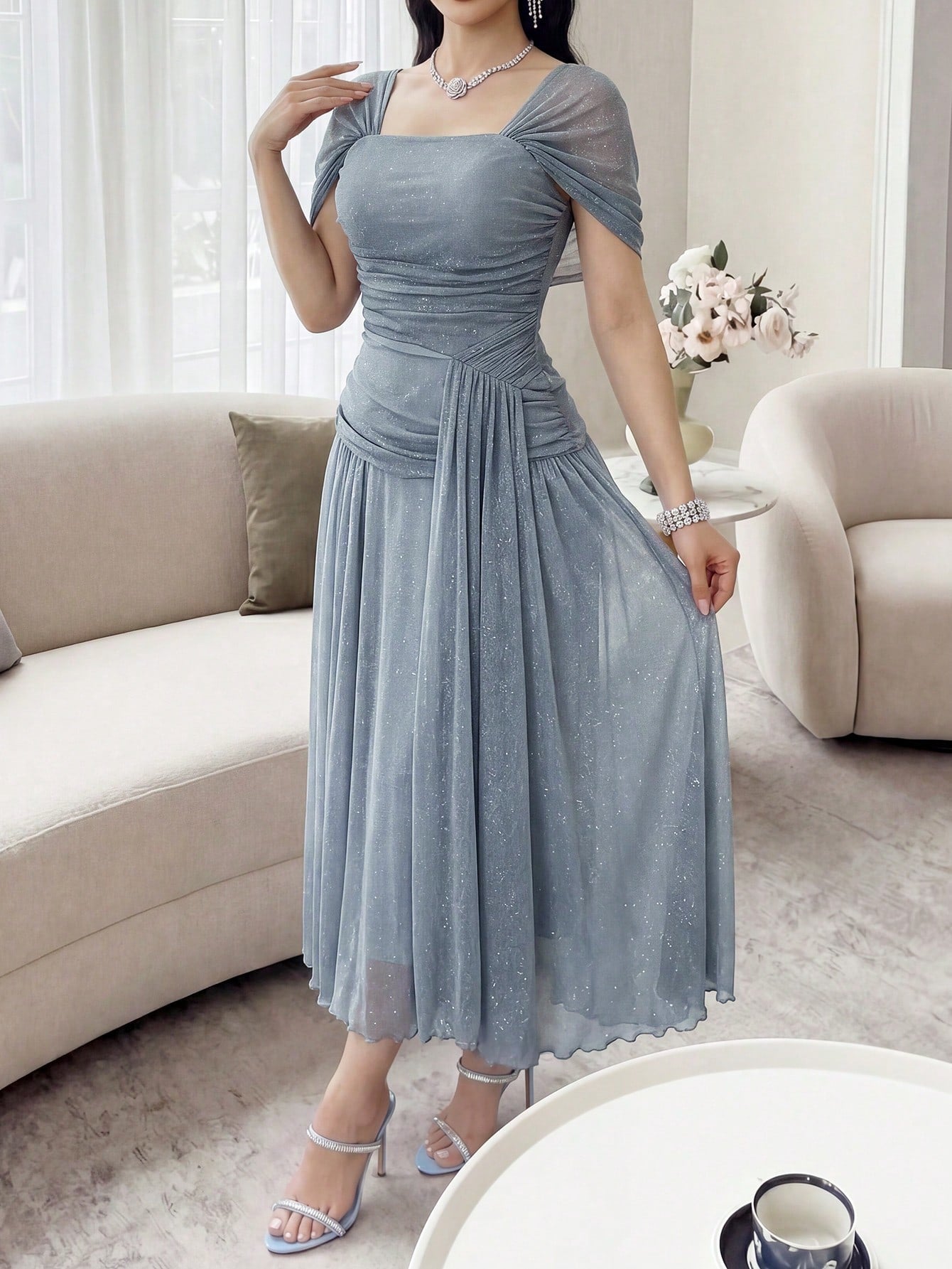 Feyla Women's Elegant Sparkling Long Dress For Party Chic Women's Long Shimmer Gown With Square Neck And Off-Shoulder Sleeves Gathered Waist Design For Prom And Special Events