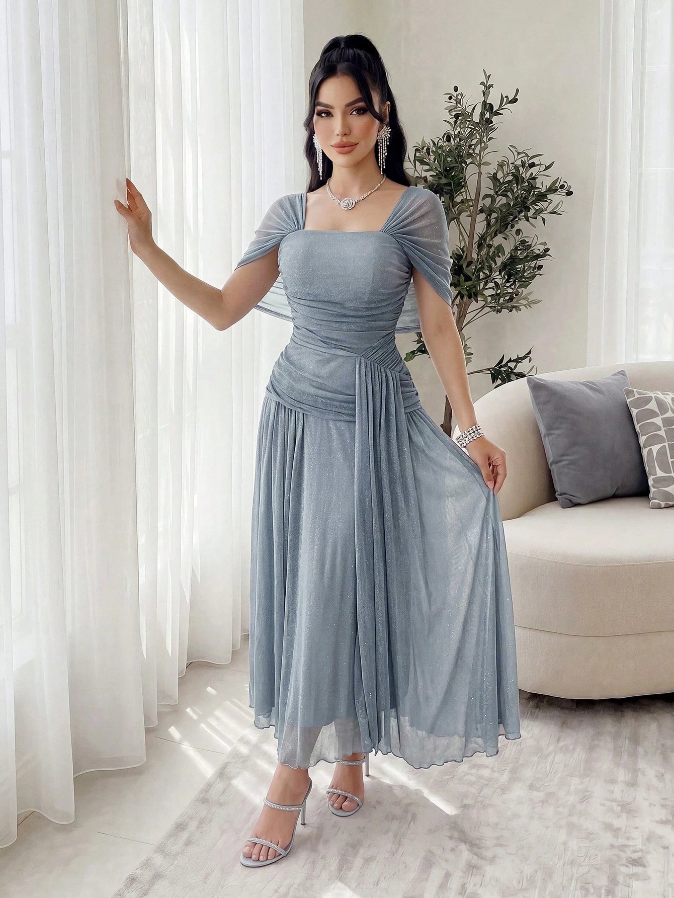 Feyla Women's Elegant Sparkling Long Dress For Party Chic Women's Long Shimmer Gown With Square Neck And Off-Shoulder Sleeves Gathered Waist Design For Prom And Special Events