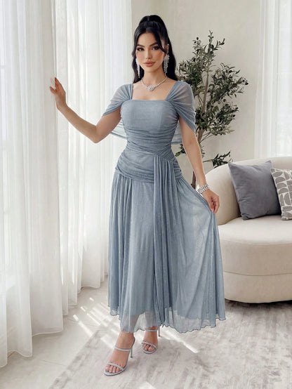 Feyla Women's Elegant Sparkling Long Dress For Party Chic Women's Long Shimmer Gown With Square Neck And Off-Shoulder Sleeves Gathered Waist Design For Prom And Special Events