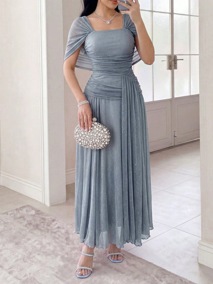 Feyla Women's Elegant Sparkling Long Dress For Party Chic Women's Long Shimmer Gown With Square Neck And Off-Shoulder Sleeves Gathered Waist Design For Prom And Special Events