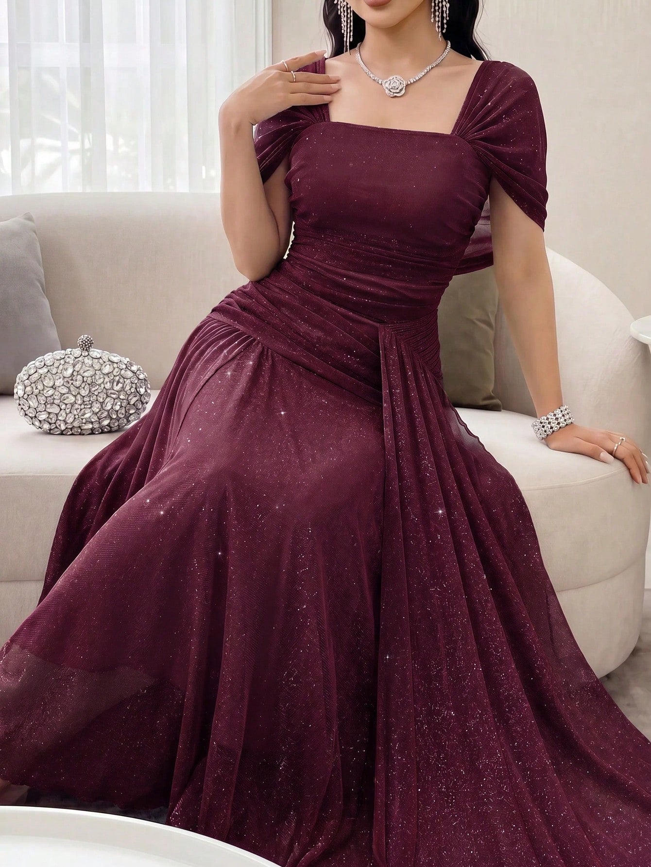 Feyla Women's Elegant Sparkling Long Dress For Party Chic Women's Long Shimmer Gown With Square Neck And Off-Shoulder Sleeves Gathered Waist Design For Prom And Special Events