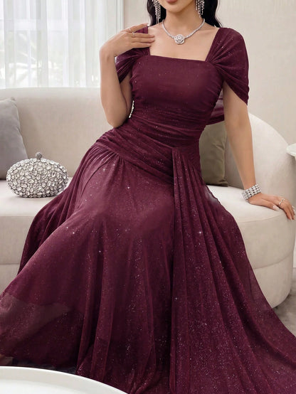 Feyla Women's Elegant Sparkling Long Dress For Party Chic Women's Long Shimmer Gown With Square Neck And Off-Shoulder Sleeves Gathered Waist Design For Prom And Special Events