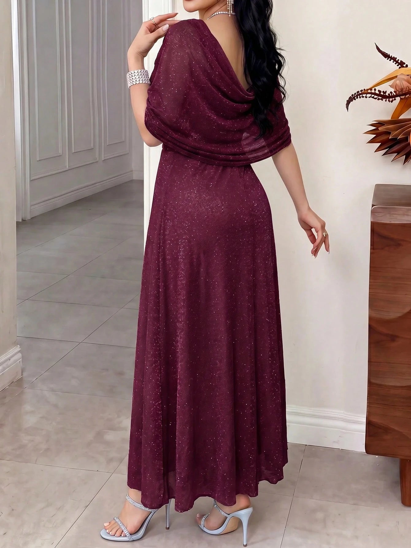 Feyla Women's Elegant Sparkling Long Dress For Party Chic Women's Long Shimmer Gown With Square Neck And Off-Shoulder Sleeves Gathered Waist Design For Prom And Special Events