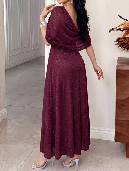 Feyla Women's Elegant Sparkling Long Dress For Party Chic Women's Long Shimmer Gown With Square Neck And Off-Shoulder Sleeves Gathered Waist Design For Prom And Special Events