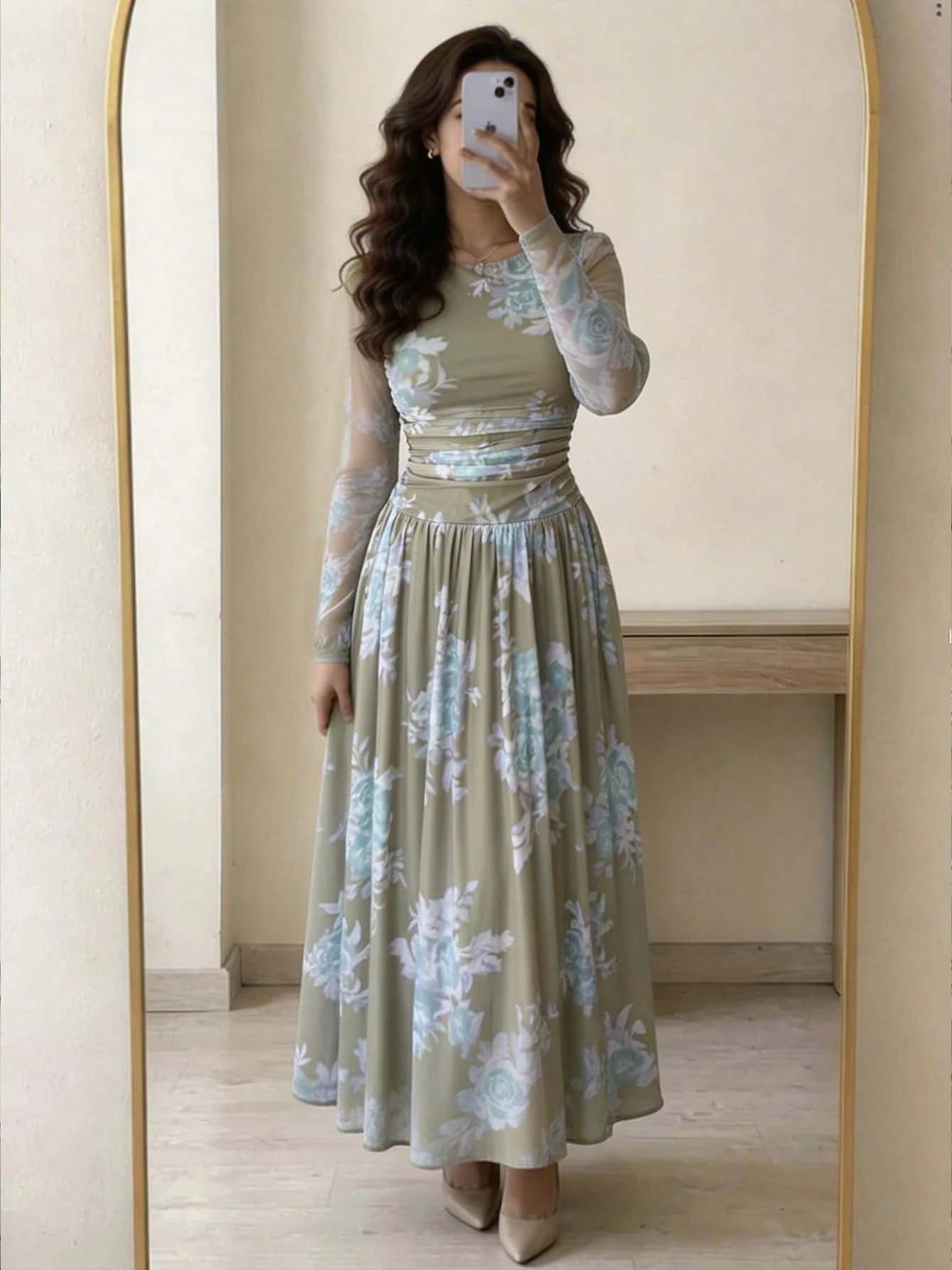 Feyla Women's Floral Print Round Neck Mesh Patchwork Elegant Long Sleeve Dress