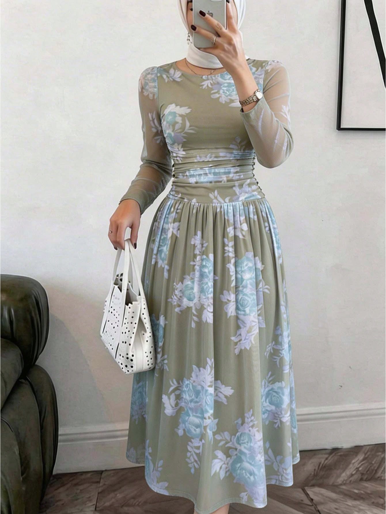 Feyla Women's Floral Print Round Neck Mesh Patchwork Elegant Long Sleeve Dress