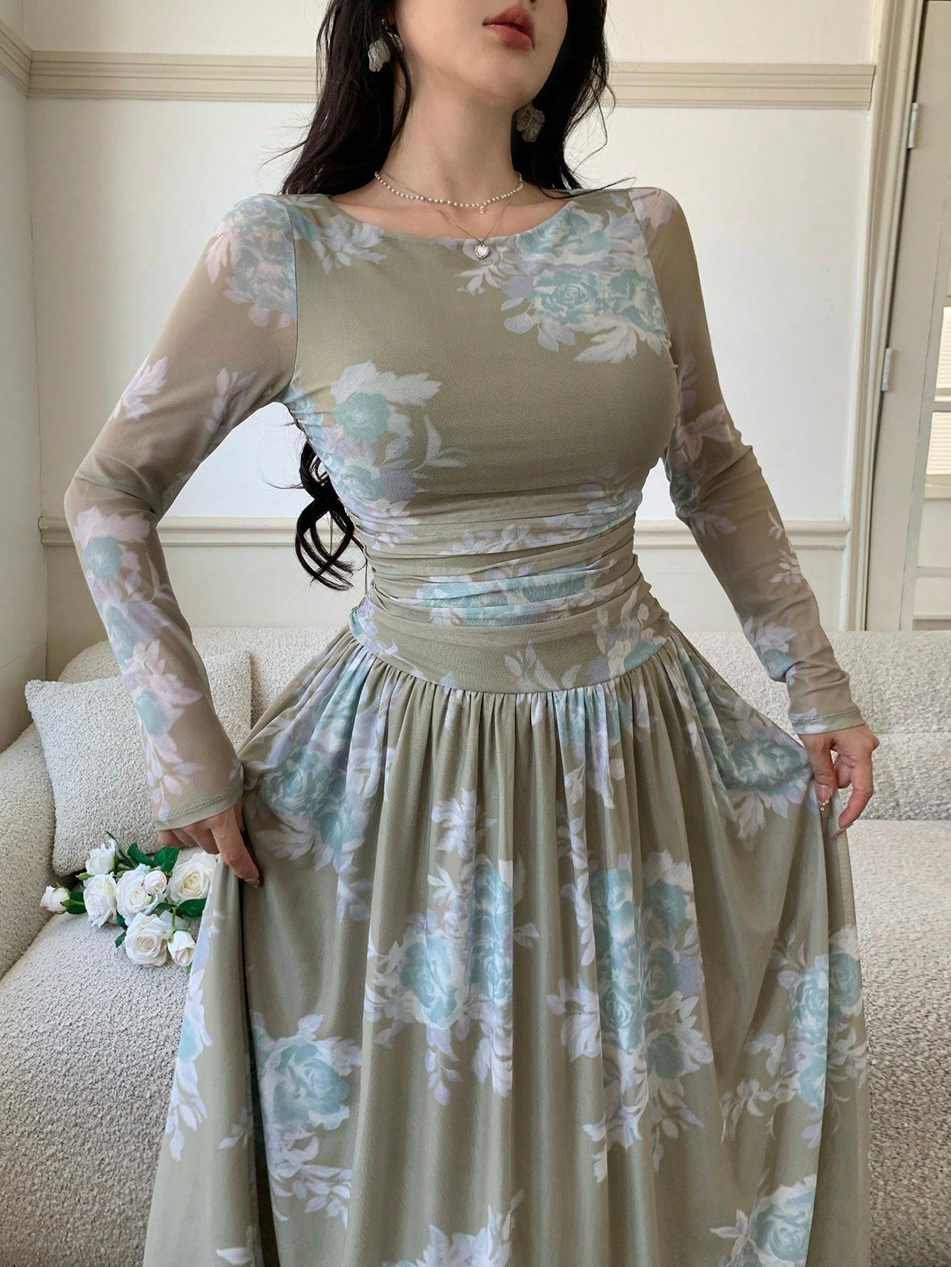 Feyla Women's Floral Print Round Neck Mesh Patchwork Elegant Long Sleeve Dress