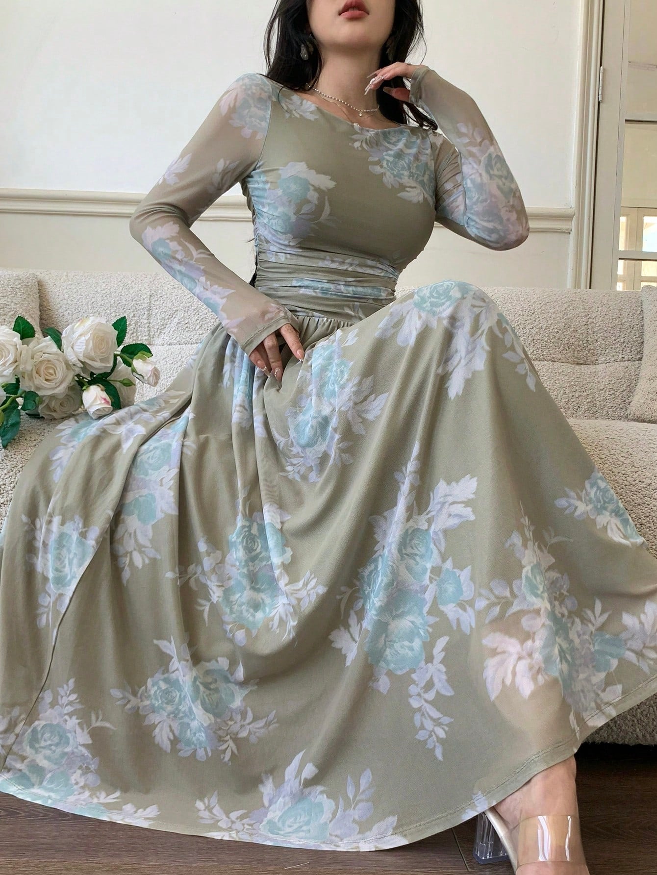 Feyla Women's Floral Print Round Neck Mesh Patchwork Elegant Long Sleeve Dress