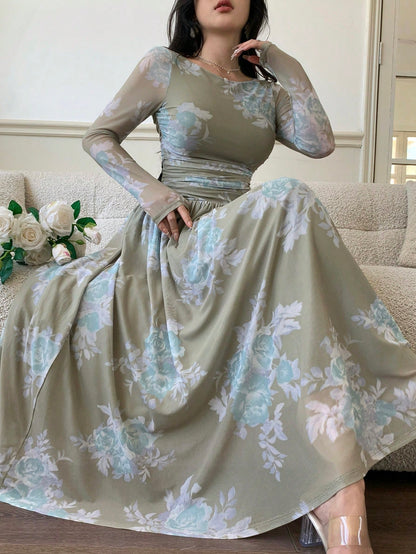 Feyla Women's Floral Print Round Neck Mesh Patchwork Elegant Long Sleeve Dress