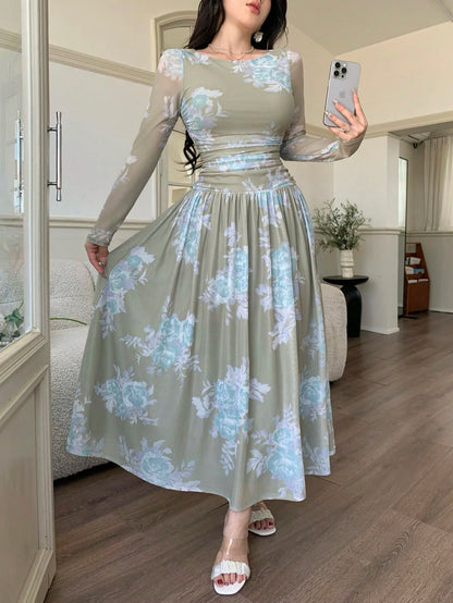 Feyla Women's Floral Print Round Neck Mesh Patchwork Elegant Long Sleeve Dress