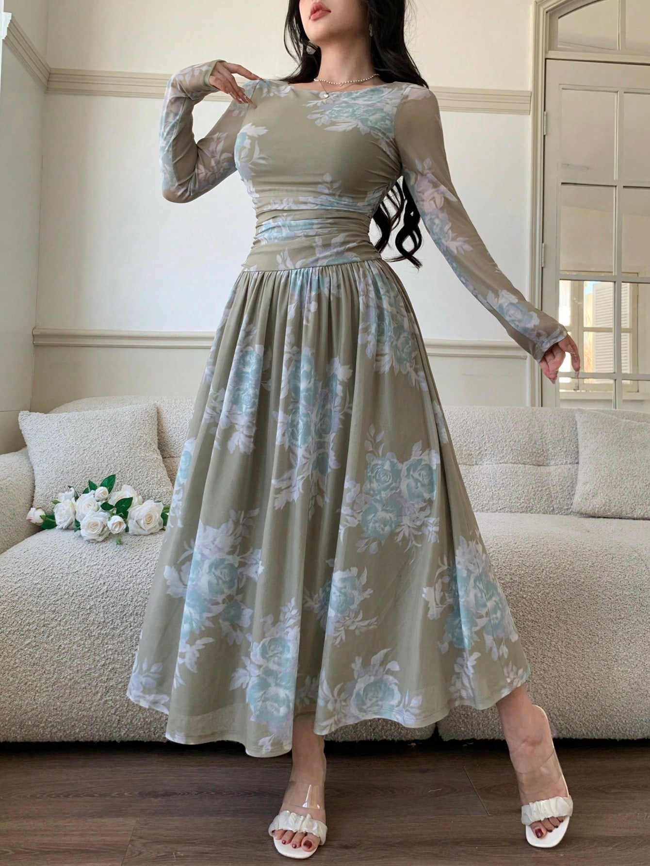 Feyla Women's Floral Print Round Neck Mesh Patchwork Elegant Long Sleeve Dress