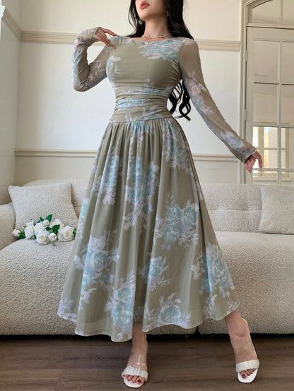 Feyla Women's Floral Print Round Neck Mesh Patchwork Elegant Long Sleeve Dress