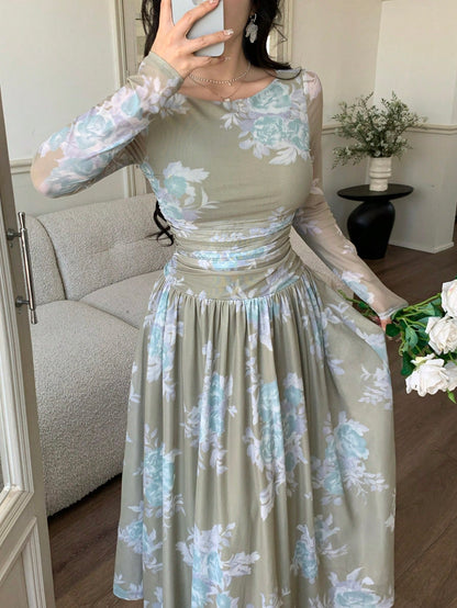 Feyla Women's Floral Print Round Neck Mesh Patchwork Elegant Long Sleeve Dress