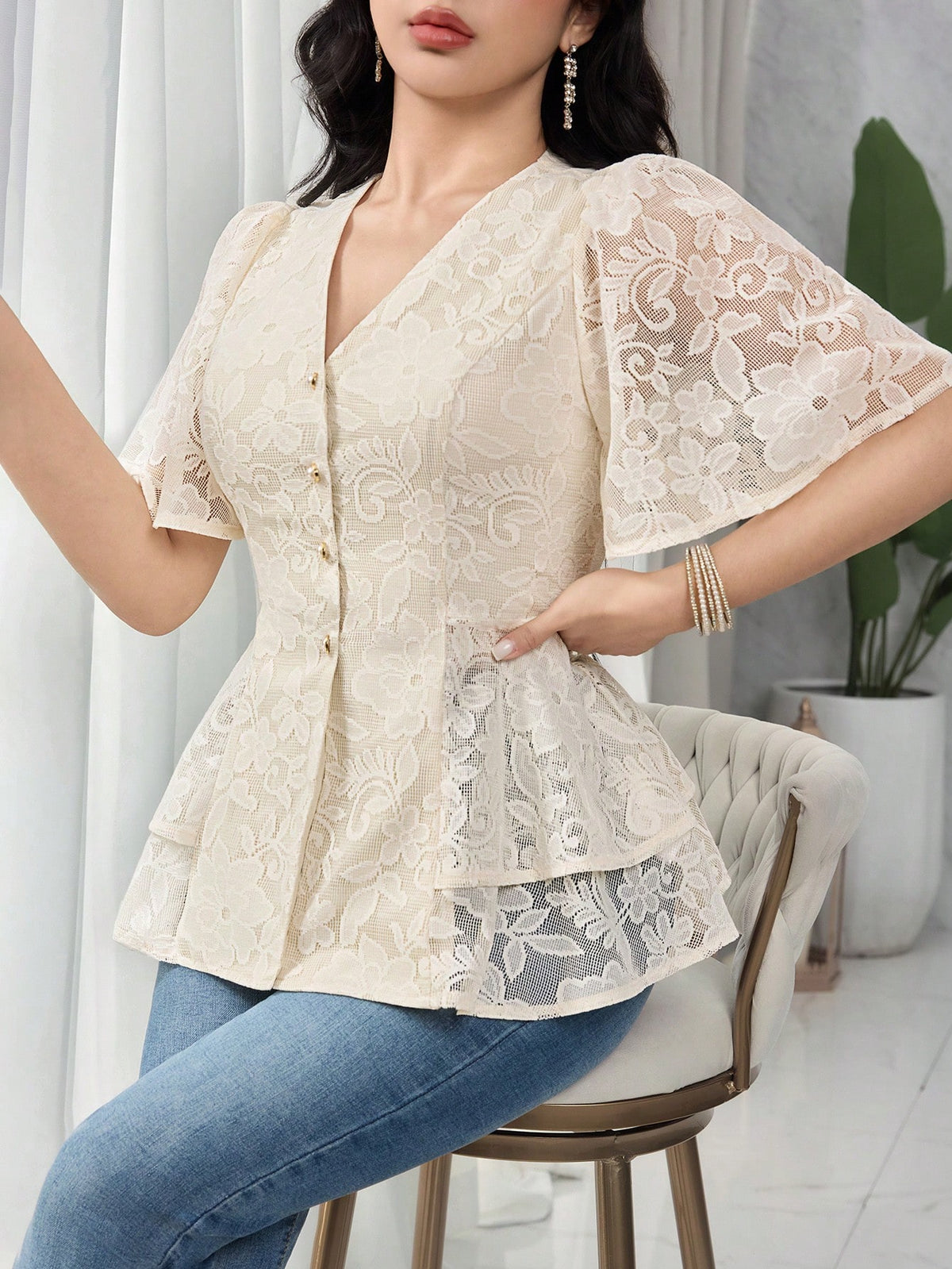 Feyla Women's V-Neck Single-Breasted Fashionable Versatile Casual Shirt