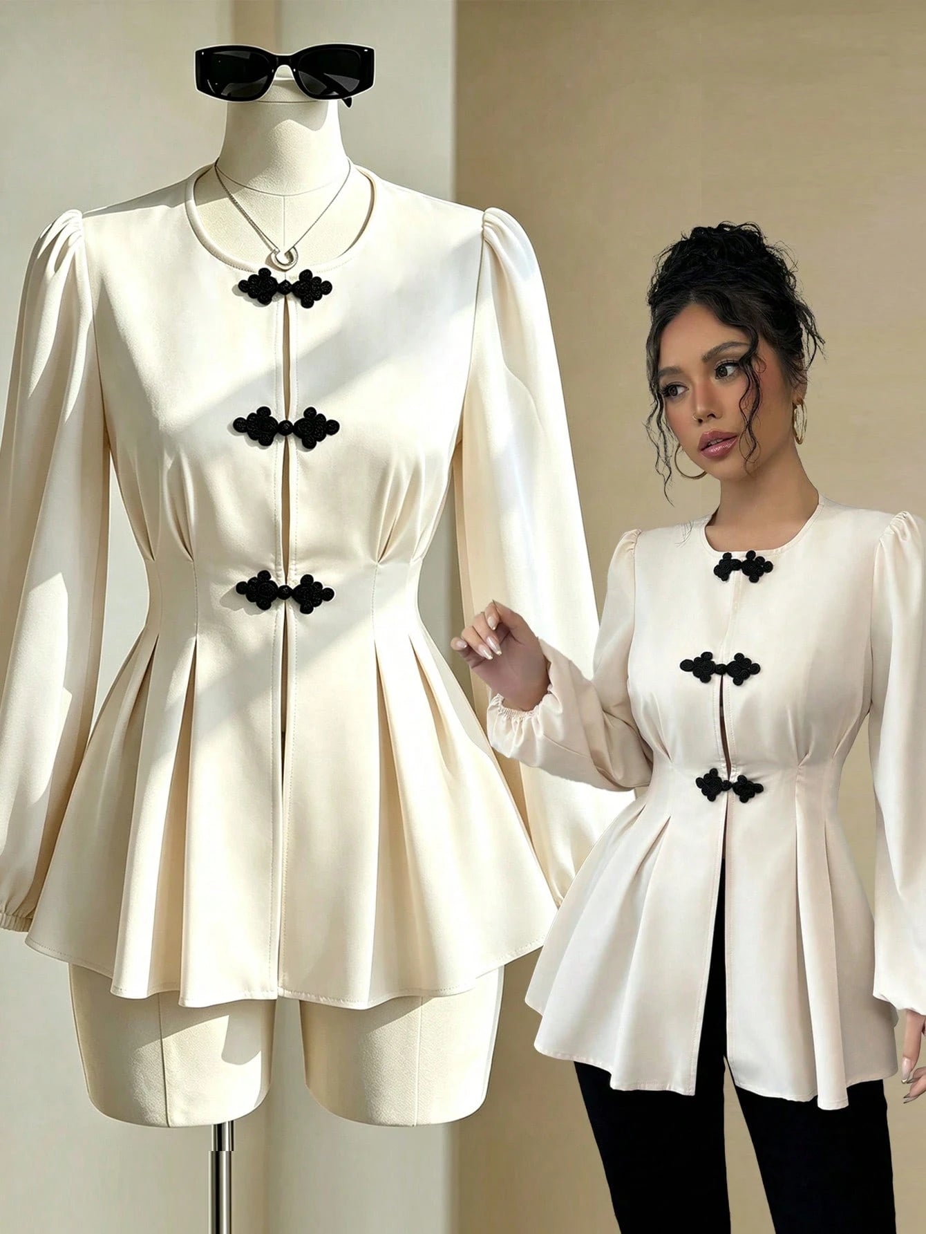 Fine & Folde Front Hollow Chinese Knot Tie Waist Long Sleeve Maxi Shirt Fall Cloth For Women
