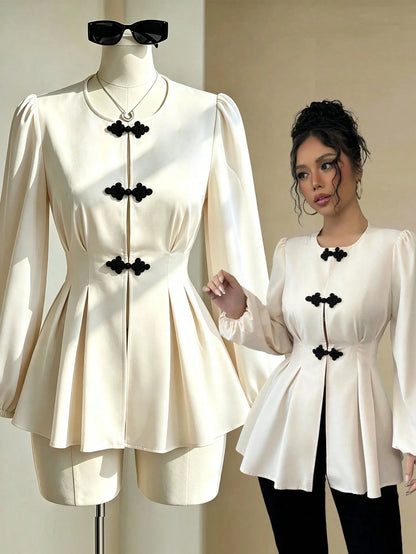 Fine & Folde Front Hollow Chinese Knot Tie Waist Long Sleeve Maxi Shirt Fall Cloth For Women