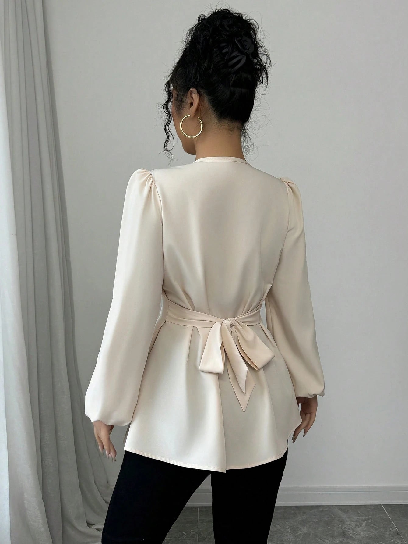 Fine & Folde Front Hollow Chinese Knot Tie Waist Long Sleeve Maxi Shirt Fall Cloth For Women