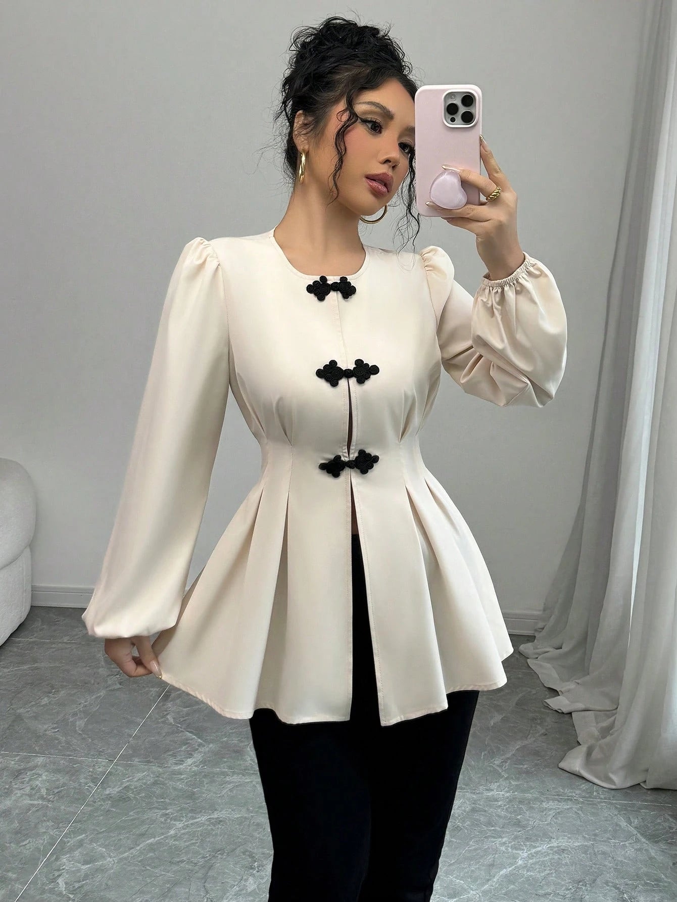 Fine & Folde Front Hollow Chinese Knot Tie Waist Long Sleeve Maxi Shirt Fall Cloth For Women