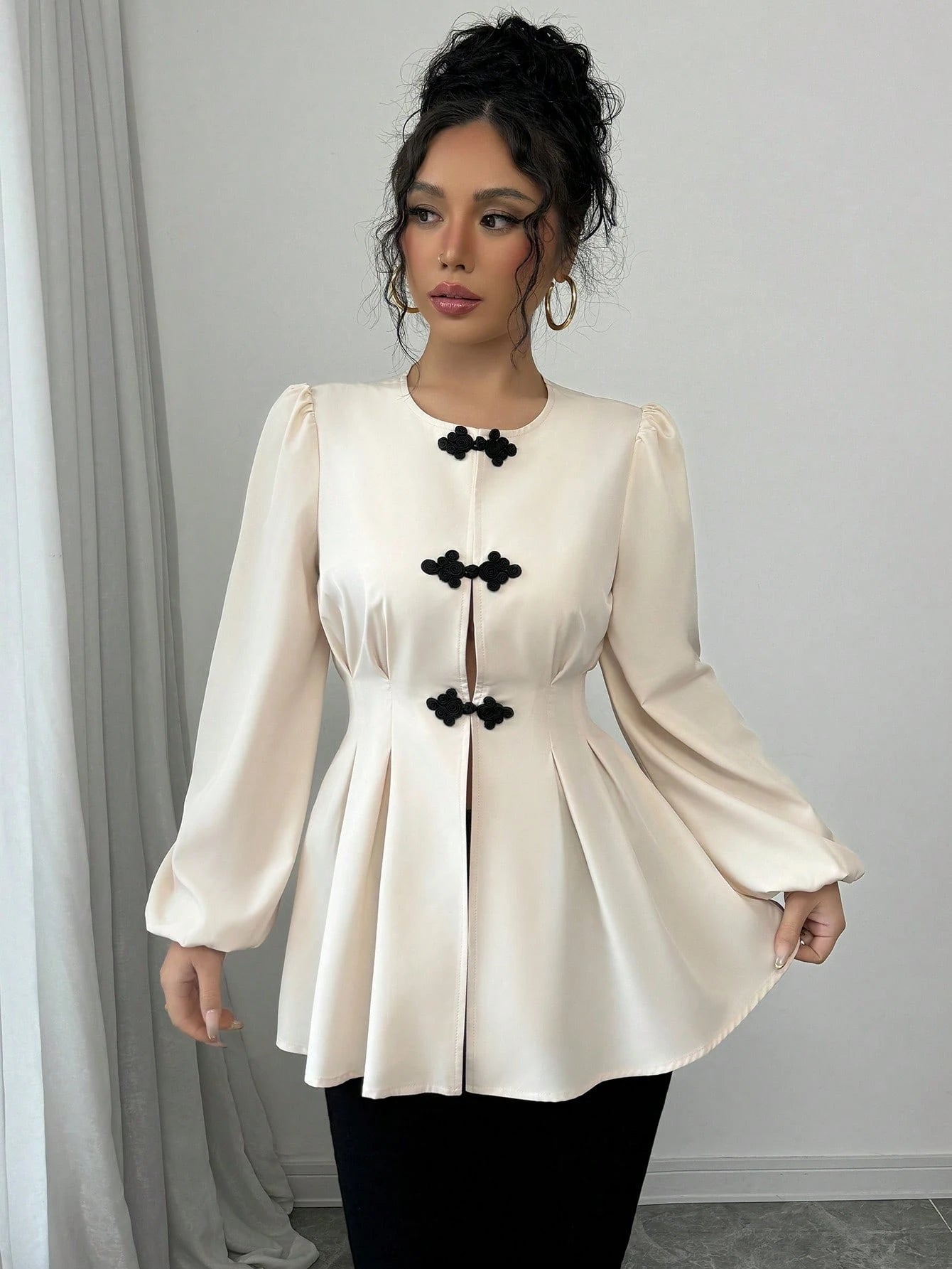 Fine & Folde Front Hollow Chinese Knot Tie Waist Long Sleeve Maxi Shirt Fall Cloth For Women
