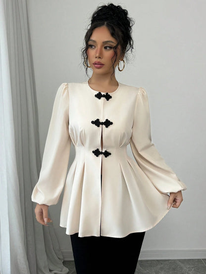 Fine & Folde Front Hollow Chinese Knot Tie Waist Long Sleeve Maxi Shirt Fall Cloth For Women