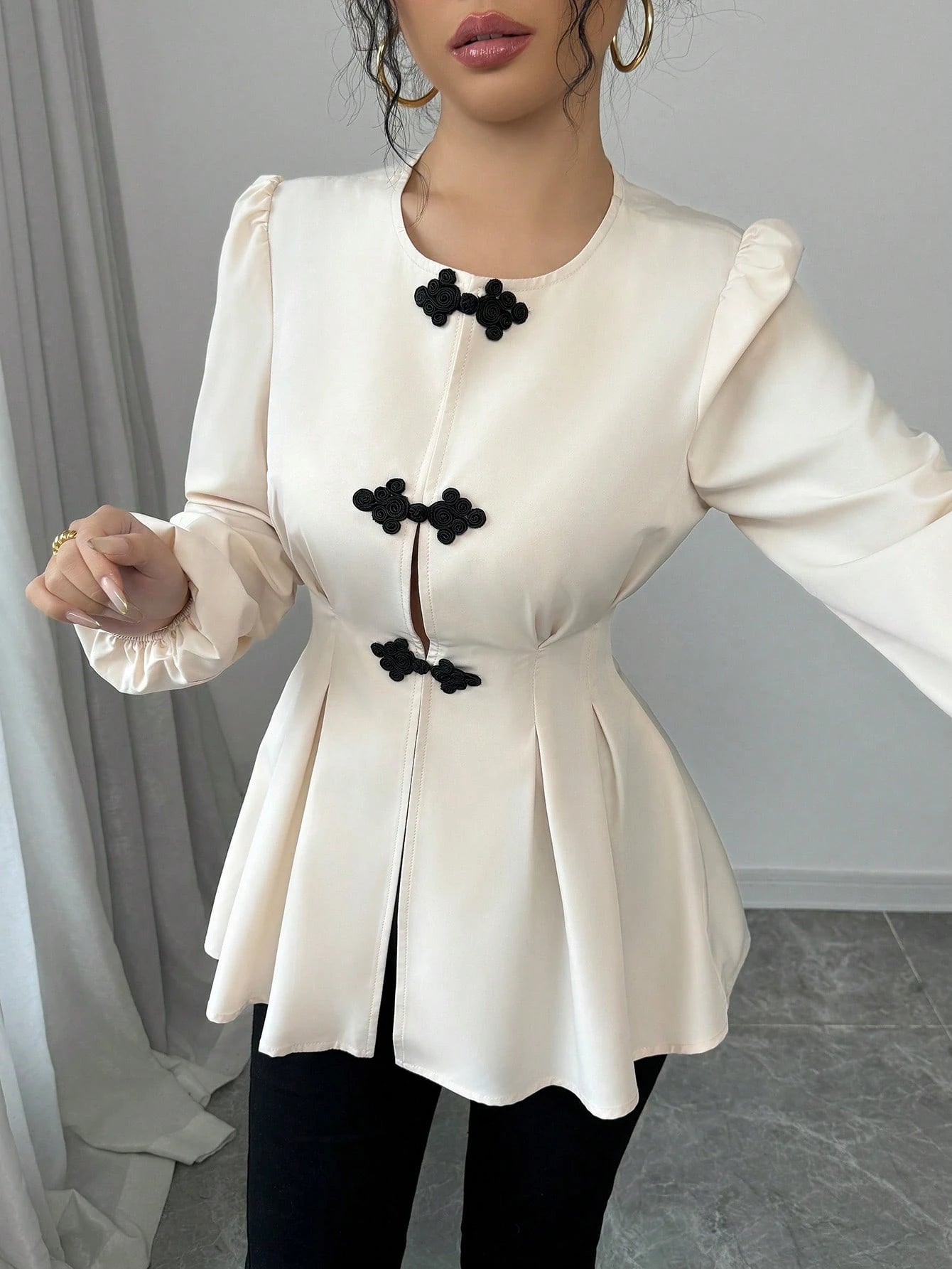 Fine & Folde Front Hollow Chinese Knot Tie Waist Long Sleeve Maxi Shirt Fall Cloth For Women