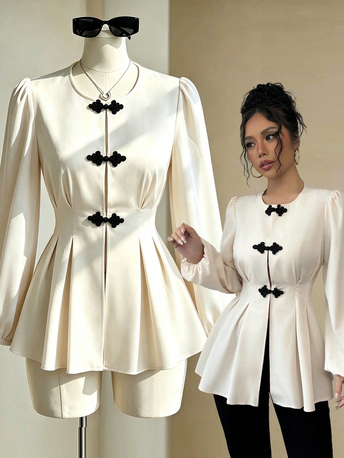 Fine & Folde Front Hollow Chinese Knot Tie Waist Long Sleeve Maxi Shirt Fall Cloth For Women