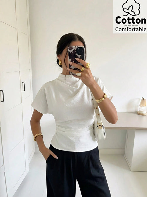 Firerie 100 Cotton White Summer Elegant Minimalist Office Brunch Blouse For Women Crinkle Collar Asymmetrical Sleeve Ruched Cinched Waist Top Teachers' Day