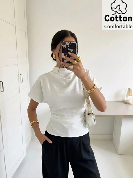 Firerie 100 Cotton White Summer Elegant Minimalist Office Brunch Blouse For Women Crinkle Collar Asymmetrical Sleeve Ruched Cinched Waist Top Teachers' Day