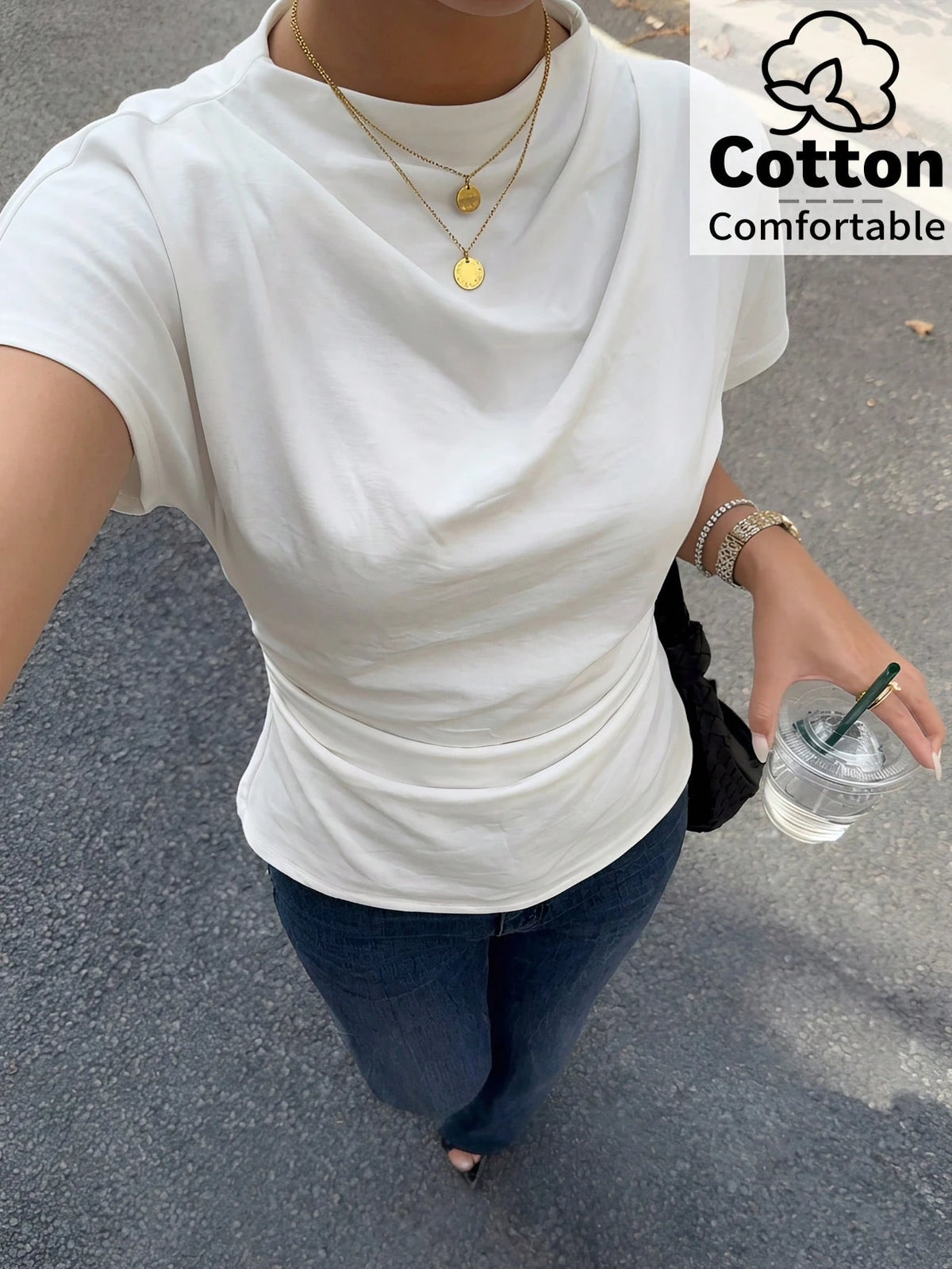 Firerie 100 Cotton White Summer Elegant Minimalist Office Brunch Blouse For Women Crinkle Collar Asymmetrical Sleeve Ruched Cinched Waist Top Teachers' Day