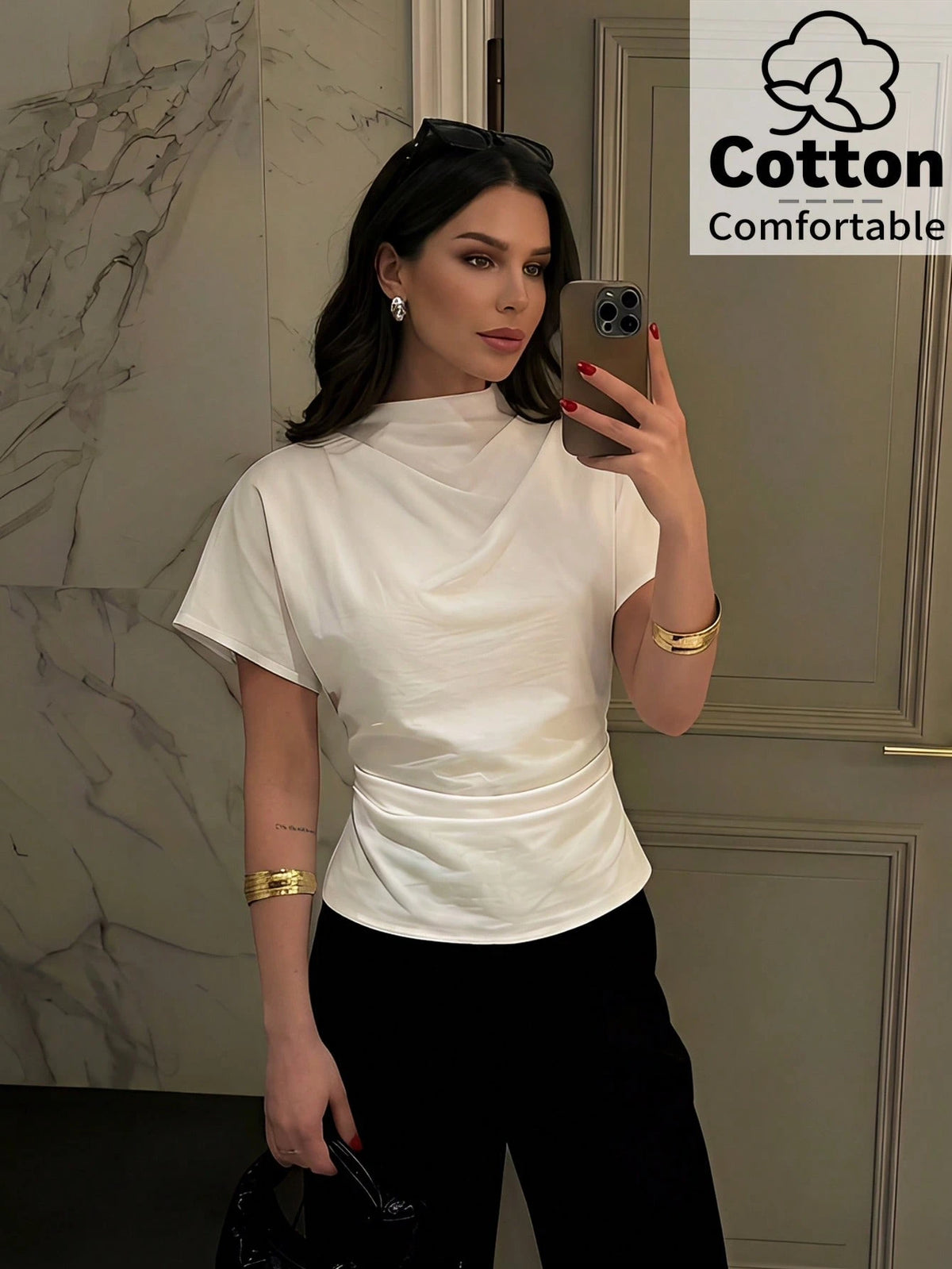 Firerie 100 Cotton White Summer Elegant Minimalist Office Brunch Blouse For Women Crinkle Collar Asymmetrical Sleeve Ruched Cinched Waist Top Teachers' Day