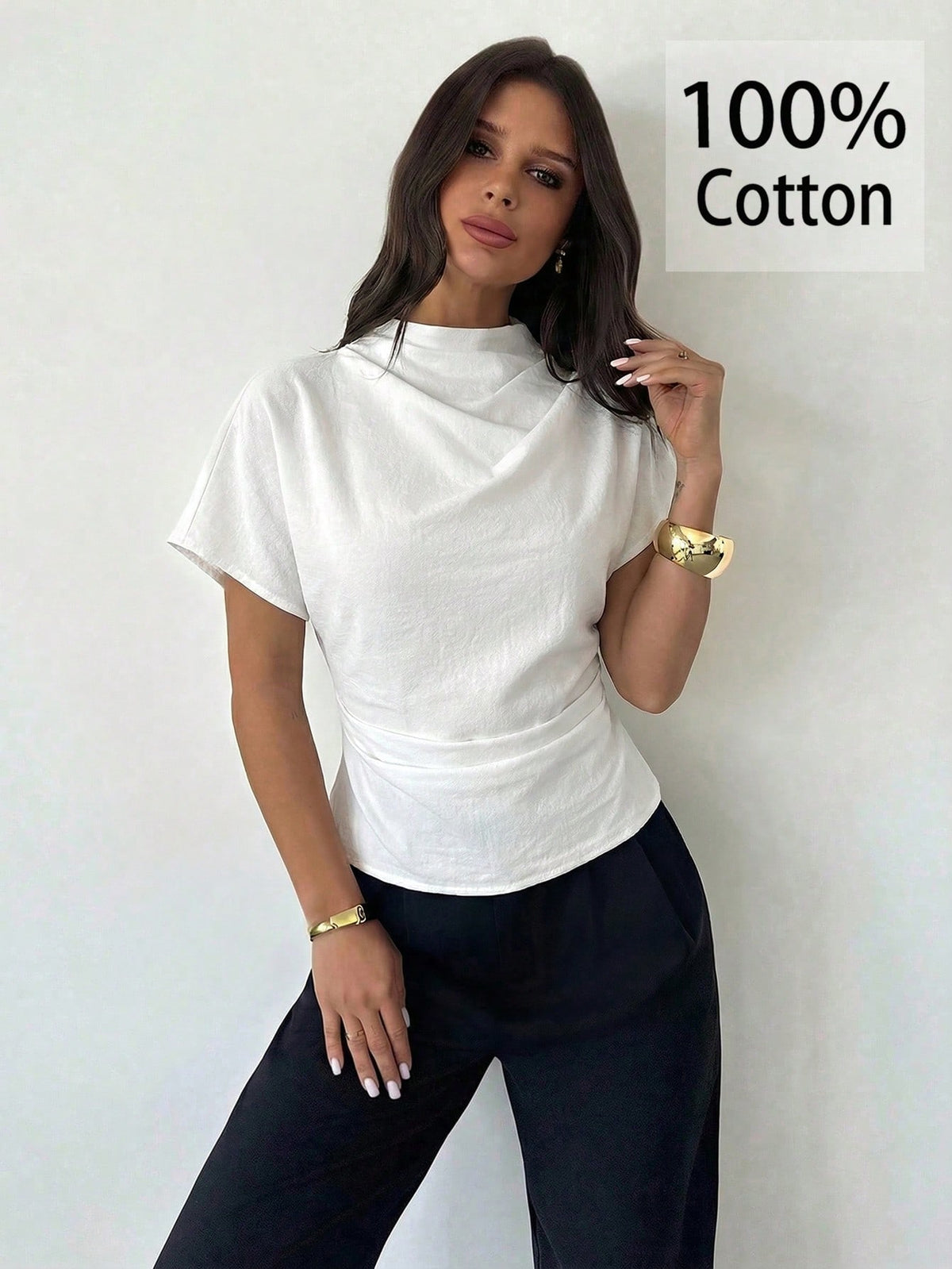 Firerie 100 Cotton White Summer Elegant Minimalist Office Brunch Blouse For Women Crinkle Collar Asymmetrical Sleeve Ruched Cinched Waist Top Teachers' Day