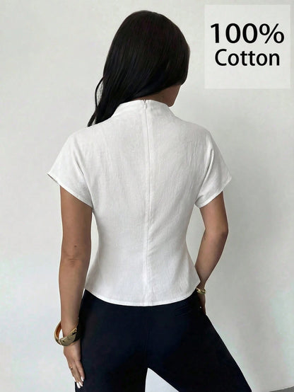 Firerie 100 Cotton White Summer Elegant Minimalist Office Brunch Blouse For Women Crinkle Collar Asymmetrical Sleeve Ruched Cinched Waist Top Teachers' Day