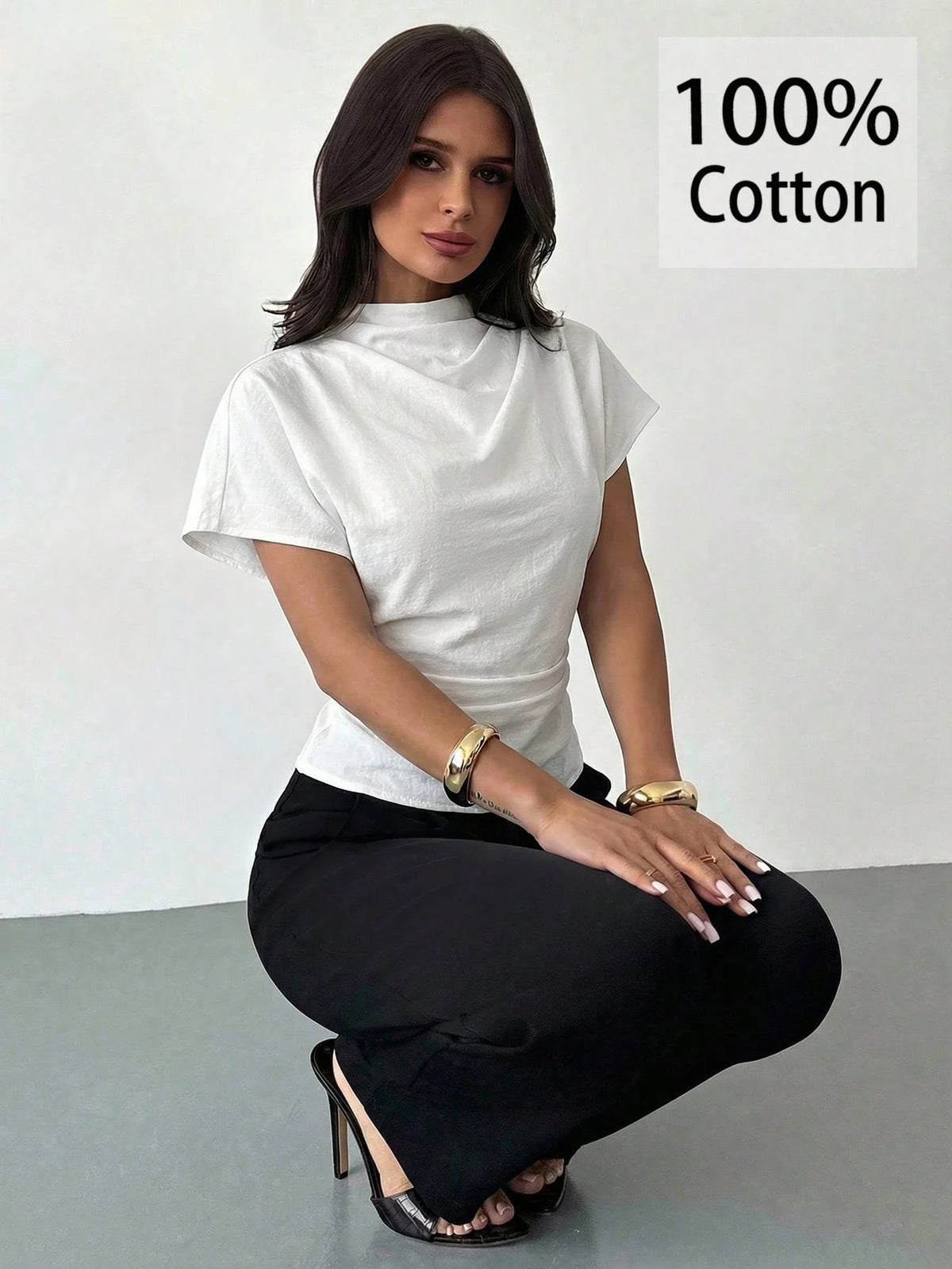 Firerie 100 Cotton White Summer Elegant Minimalist Office Brunch Blouse For Women Crinkle Collar Asymmetrical Sleeve Ruched Cinched Waist Top Teachers' Day