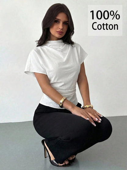 Firerie 100 Cotton White Summer Elegant Minimalist Office Brunch Blouse For Women Crinkle Collar Asymmetrical Sleeve Ruched Cinched Waist Top Teachers' Day